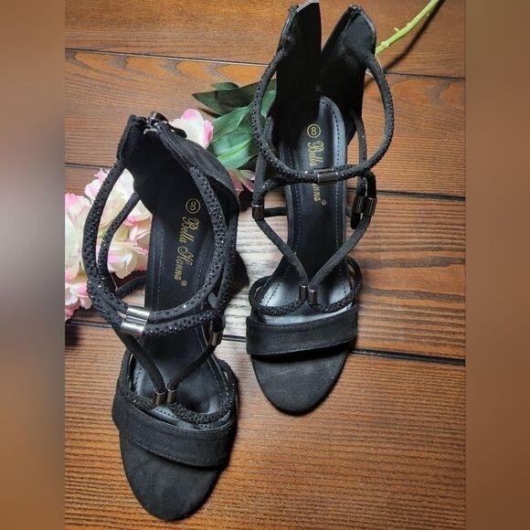 Bella Hanna Black Round Open Toe Chunky Heeled Sandals Size 8 - Picture 1 of 10
